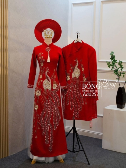 Áo Dài Nữ Đỏ Tươi Kết Phụng ADD257