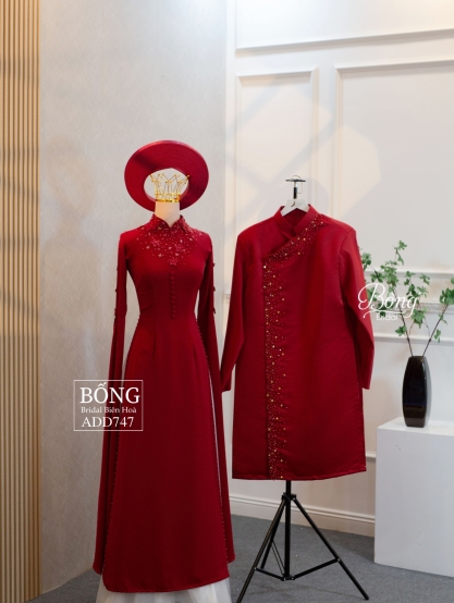 Áo Dài Nữ Đỏ Đô Kết Ngọc Phối Hoa Đính Hàng Nút Dọc ADD747