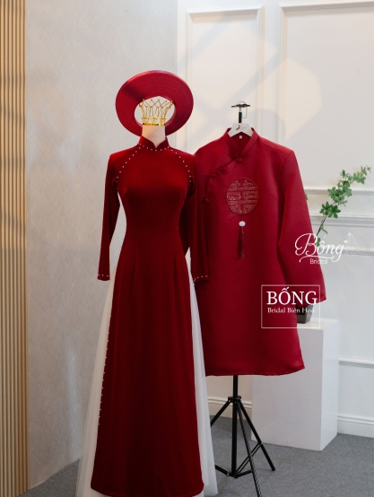Áo Dài Nữ Đỏ Đô Kết Ngọc Trắng Viền ADD359