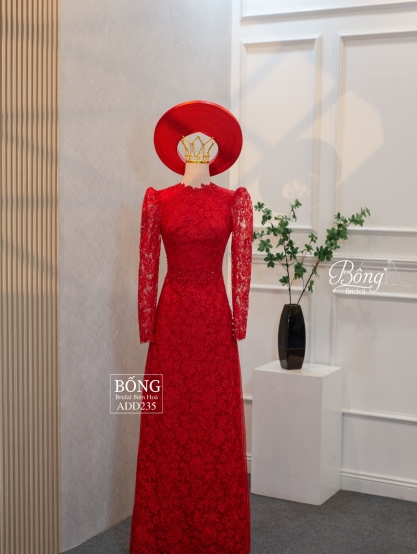 Áo Dài Nữ Đỏ Tươi Ren Nổi Hàng Nút Cài Sau Lưng ADD235