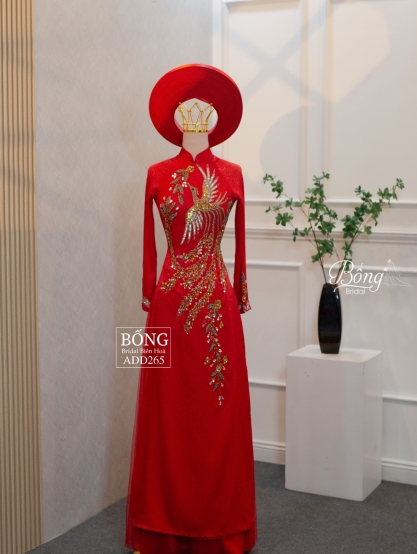 Áo Dài Nữ Đỏ Tươi Kết Phụng ADD265