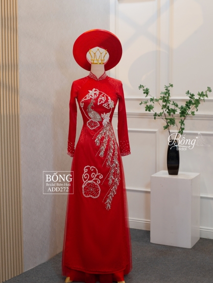 Áo Dài Nữ Đỏ Tươi Kết Vòng Công ADD272