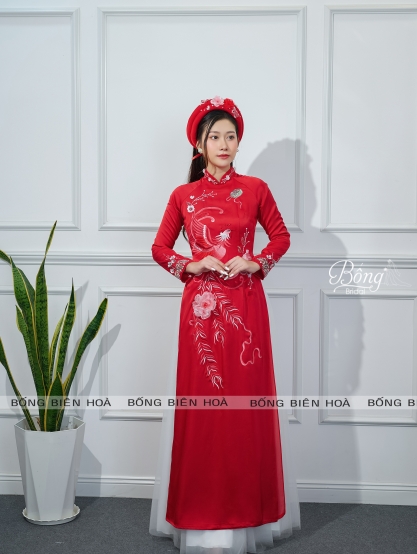 Áo Dài Nữ Đỏ Đô Thêu Phụng Kết Hoa 3D ADD228