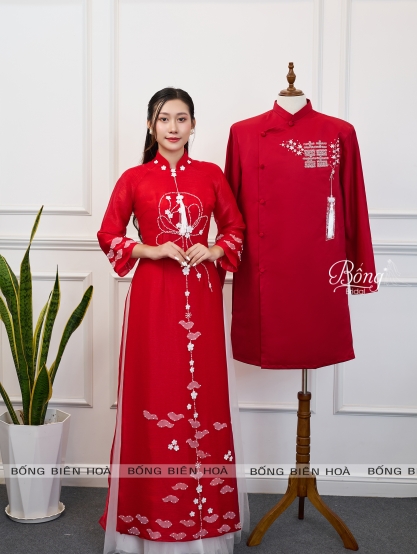Áo Dài Nữ Đỏ Đô Kết Hoa Rơi Từ Cổ Xuống Tà ADD401