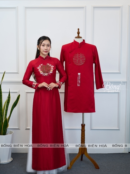 Áo Dài Nữ Đỏ Đô Kết Hỷ Phối Viền Hoa Thêu ADD610