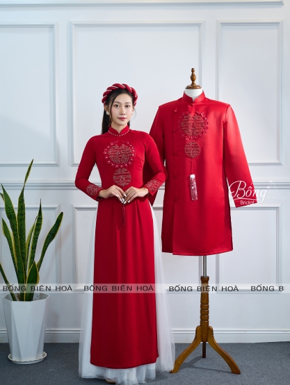 Áo Dài Nữ Đỏ Đô Kết Hỷ Đôi ADD365