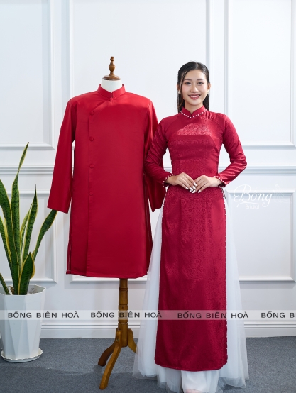 Áo Dài Nữ Đỏ Đô Kết Ngọc Viền Cổ, Tay, Tà ADD223