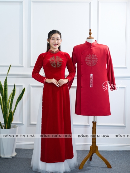 Áo Dài Nữ Đỏ Đô Kết Hỷ Đơn Trúc Vàng ADD304
