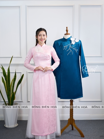 Áo Dài Nữ Hồng Kết Hoa Trắng 3D ADH263