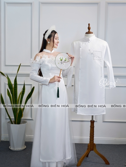 Áo Dài Nữ Trắng Cổ Lưới Kết Hoa 3D ADT216