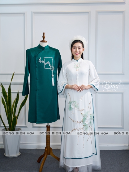 Áo Dài Nữ Trắng Viền Xanh Tủa Cành Hoa ADT390