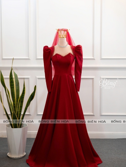 Váy Cưới Đỏ Đô Suông Ngực Tim Tay Dài HCD878