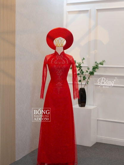 Áo Dài Nữ Đỏ Tươi Hoạ Tiết Chính Giữa ADDA350