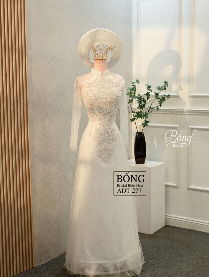 Áo Dài Nữ Trắng Hoạ Tiết Chính Giữa, Tay Kết Ngọc Dọc ADT277