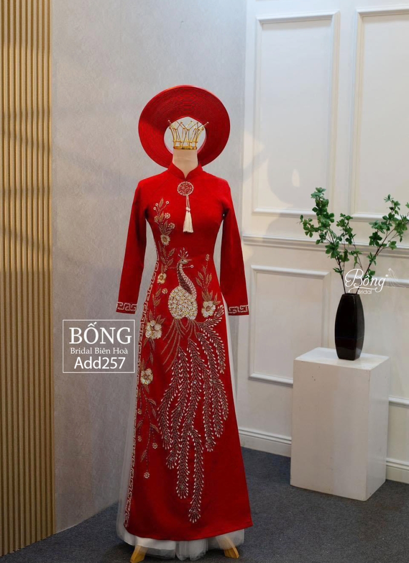 Áo Dài Nữ Đỏ Tươi Kết Phụng ADD257