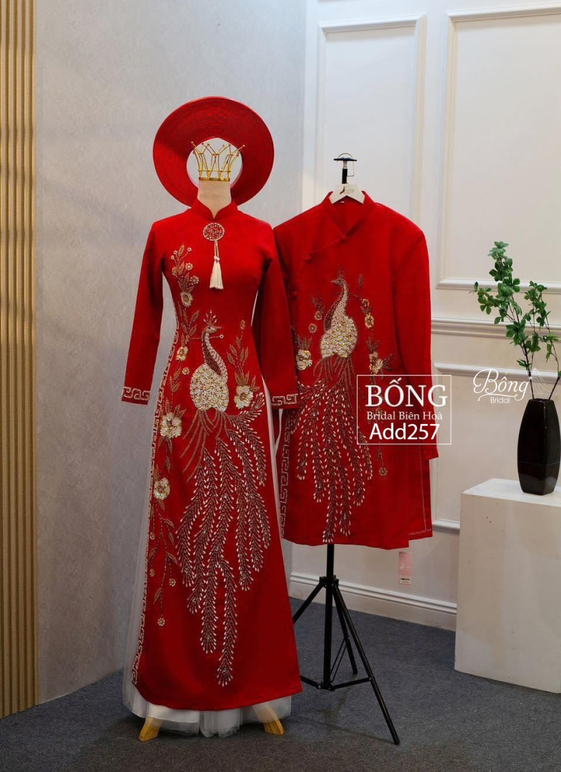 Áo Dài Nữ Đỏ Tươi Kết Phụng ADD257