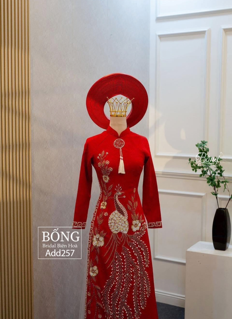 Áo Dài Nữ Đỏ Tươi Kết Phụng ADD257