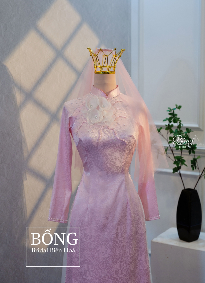 Áo Dài Nữ Hồng Kết Hoa Trắng 3D ADH263