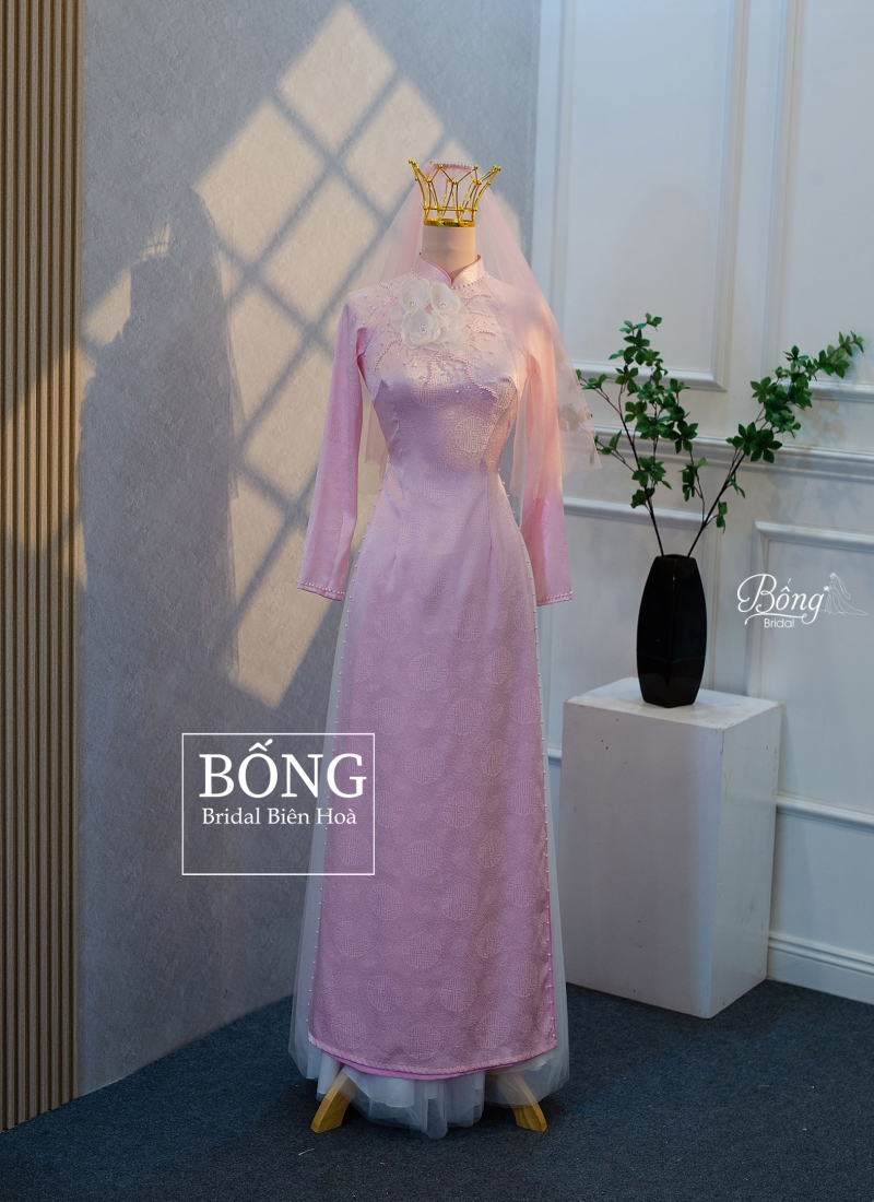 Áo Dài Nữ Hồng Kết Hoa Trắng 3D ADH263