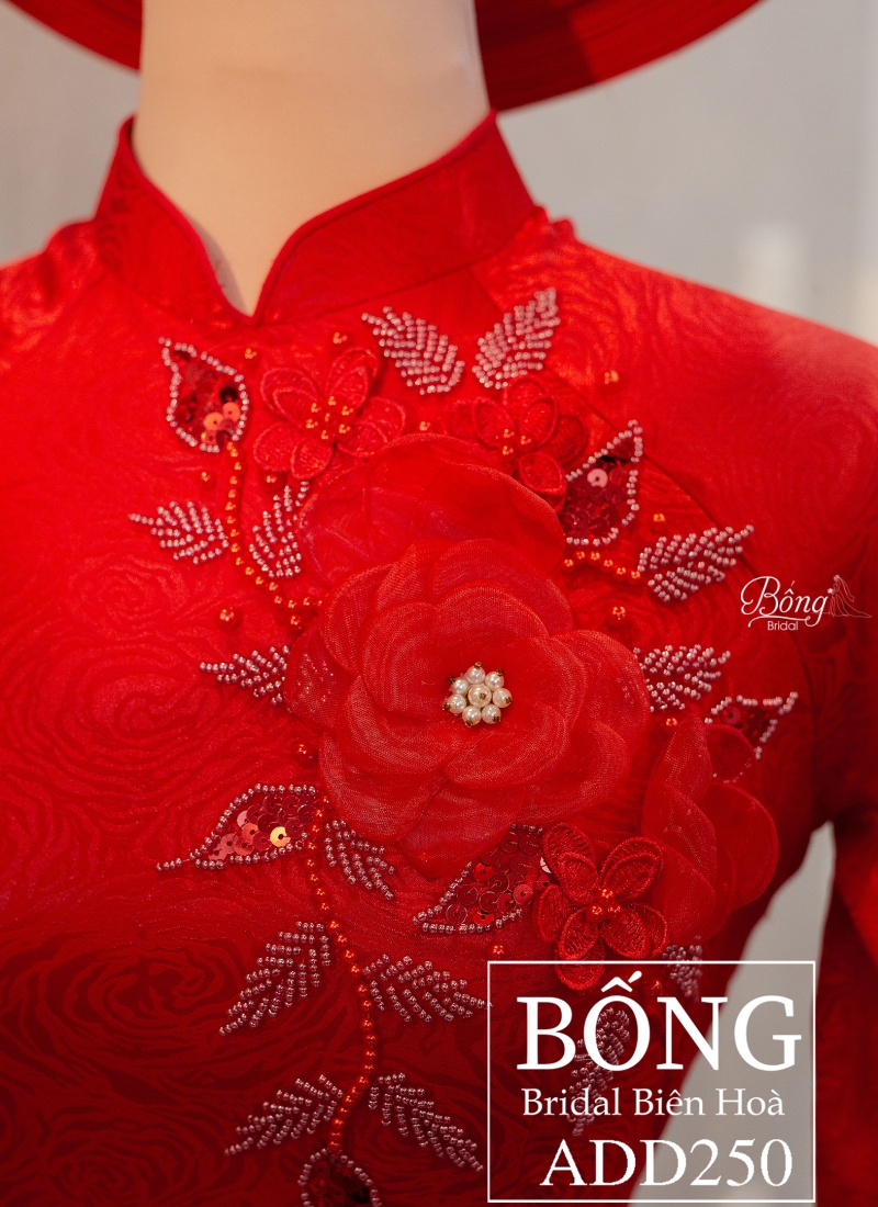 Áo Dài Nữ Đỏ Tươi Kết Hoa 3D ADD250