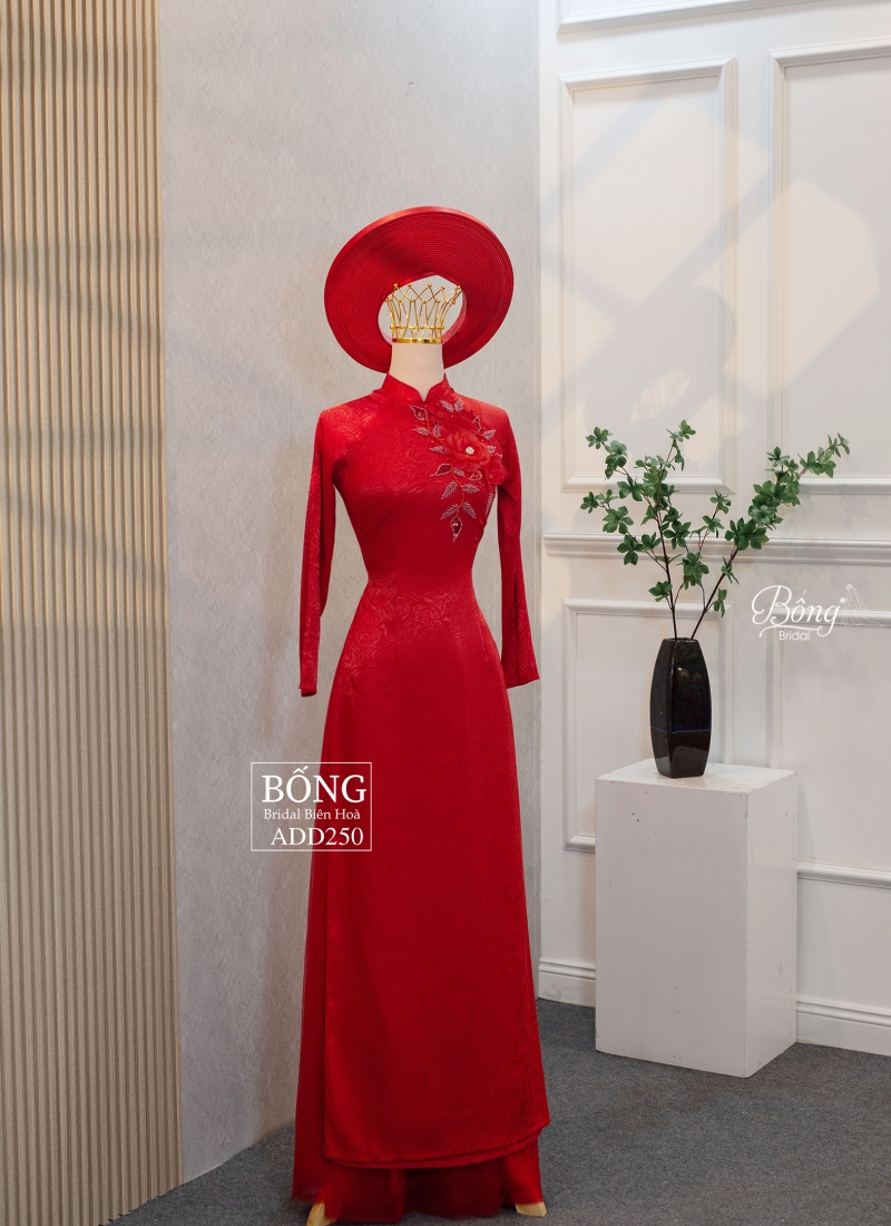 Áo Dài Nữ Đỏ Tươi Kết Hoa 3D ADD250