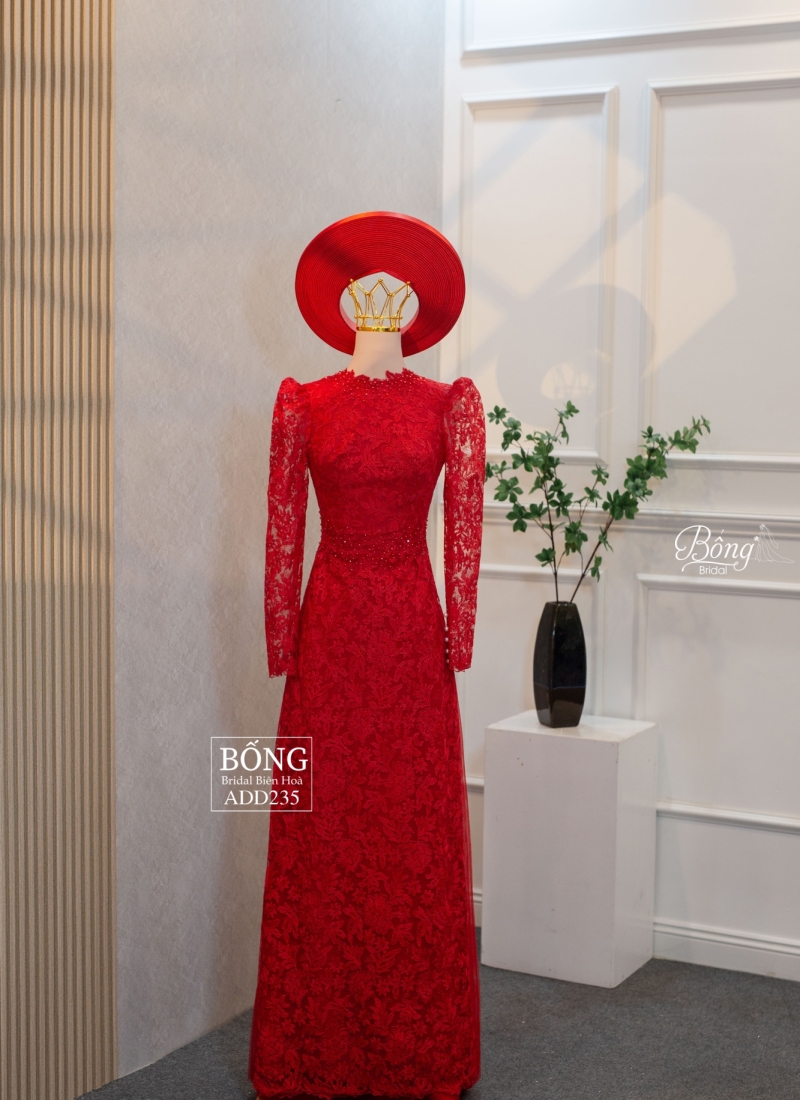 Áo Dài Nữ Đỏ Tươi Ren Nổi Hàng Nút Cài Sau Lưng ADD235