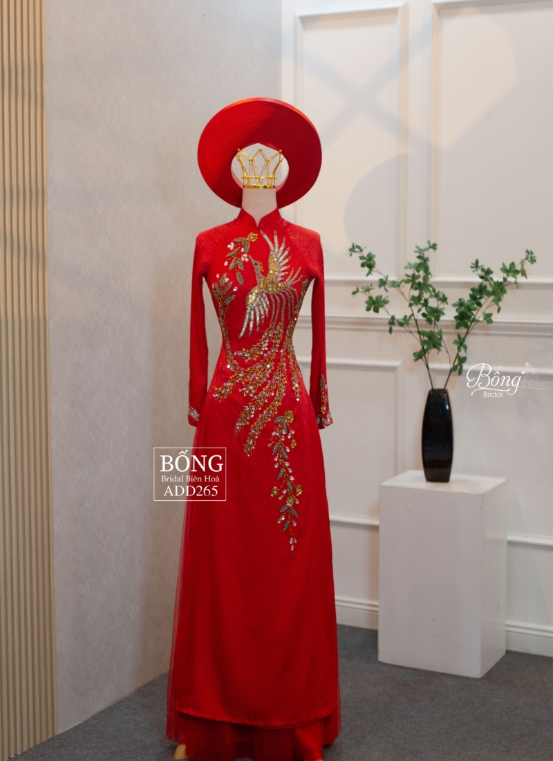 Áo Dài Nữ Đỏ Tươi Kết Phụng ADD265