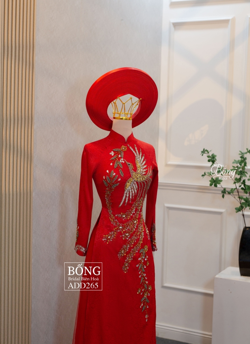 Áo Dài Nữ Đỏ Tươi Kết Phụng ADD265