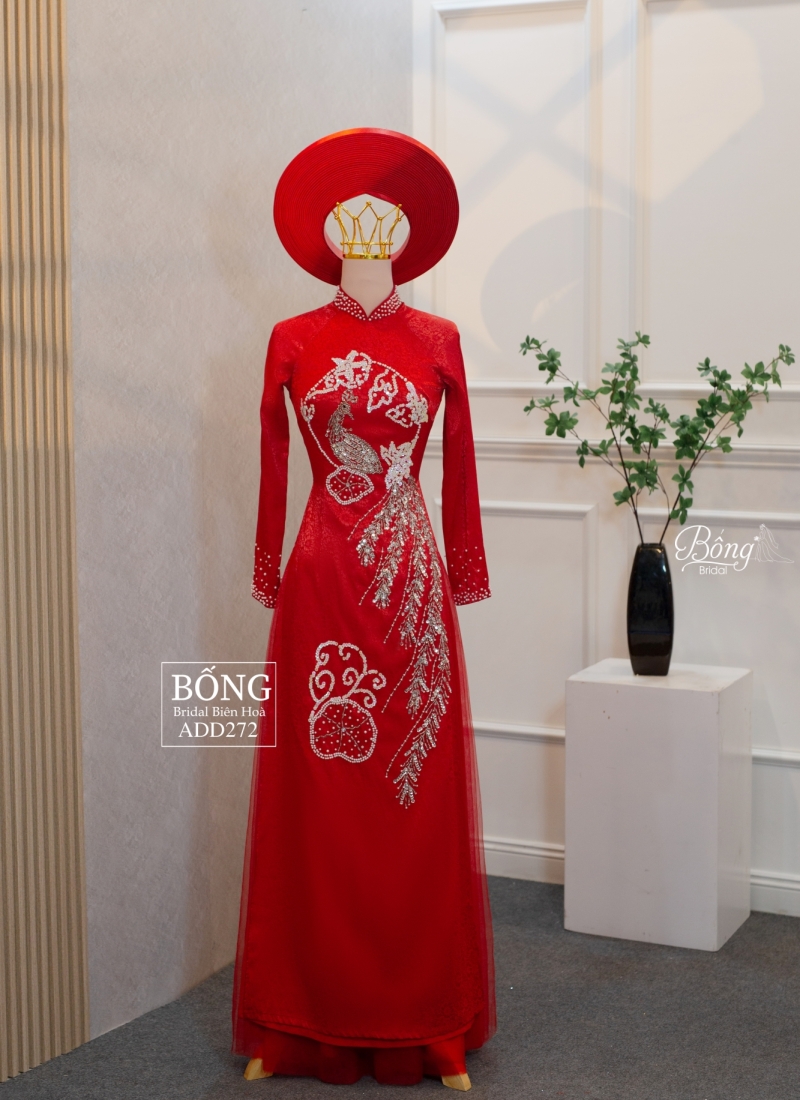 Áo Dài Nữ Đỏ Tươi Kết Vòng Công ADD272