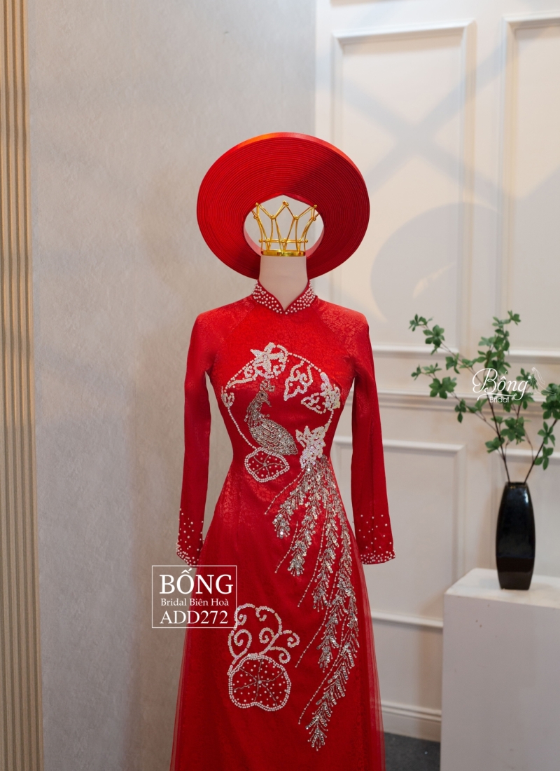 Áo Dài Nữ Đỏ Tươi Kết Vòng Công ADD272