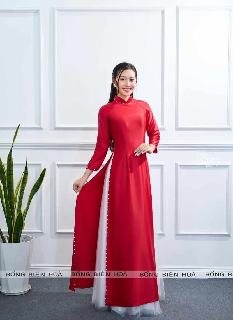 Áo Dài Nữ Đỏ Trung Tính Trơn Kết Viền Ngọc Hoa ADD210