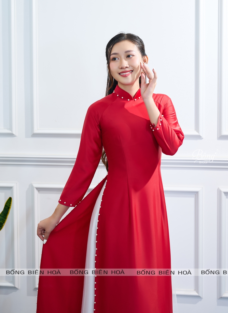 Áo Dài Nữ Đỏ Trung Tính Trơn Kết Viền Ngọc Hoa ADD210