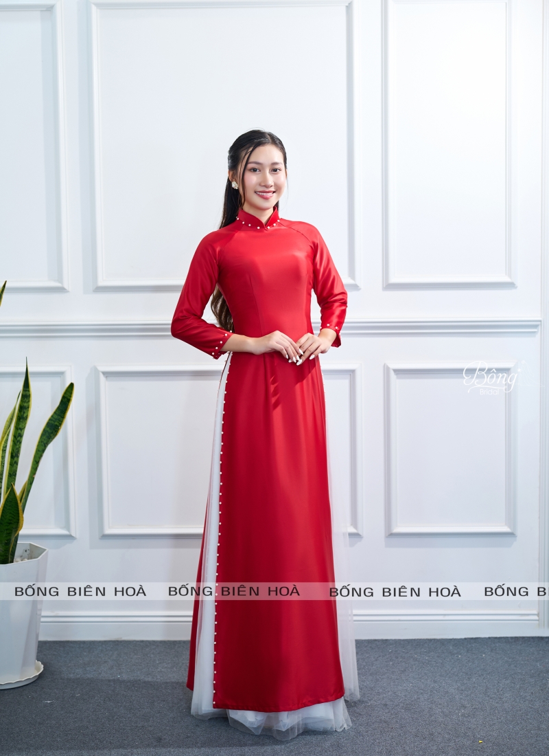 Áo Dài Nữ Đỏ Trung Tính Trơn Kết Viền Ngọc Hoa ADD210