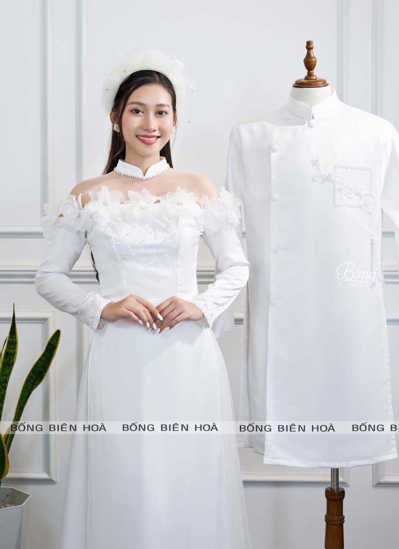 Áo Dài Nữ Trắng Cổ Lưới Kết Hoa 3D ADT216