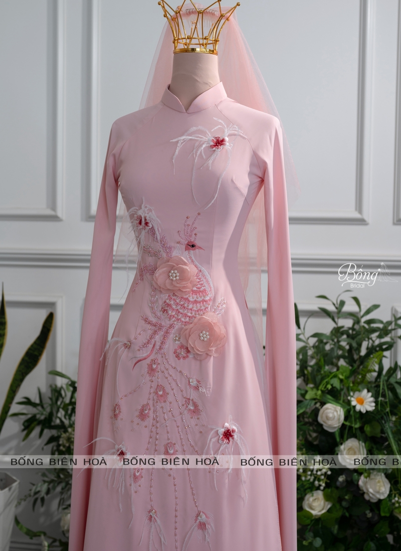 Áo Dài Nữ Trắng Kết Hoa, Chim Công ADH387