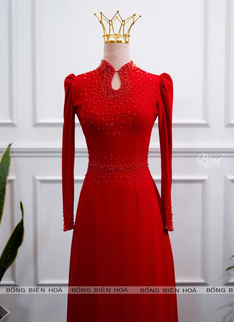 Áo Dài Nữ Đỏ Tươi Cổ Tàu Kết Đai Ngọc ADD383