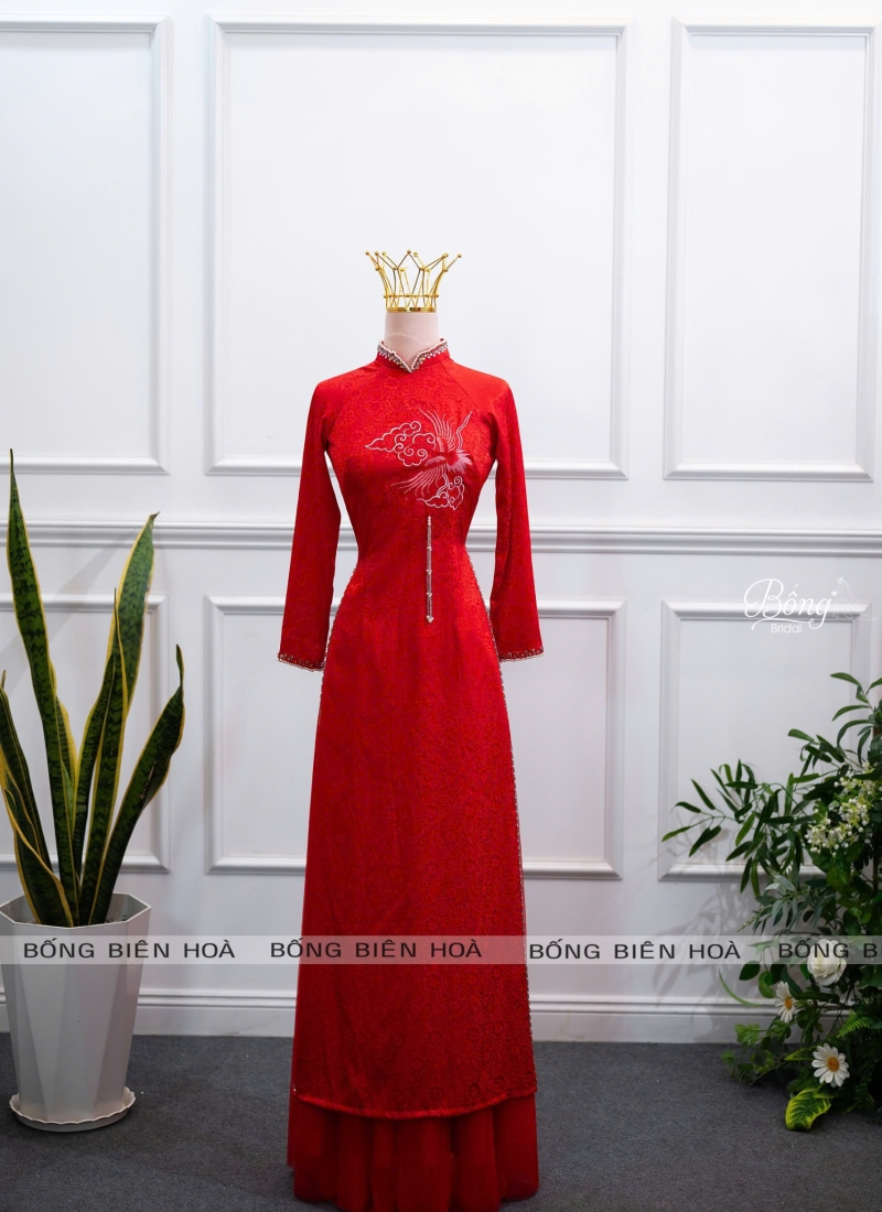 Áo Dài Cô Dâu Đỏ Tươi Thêu Hạc, Kết Viền Cổ Tay.
